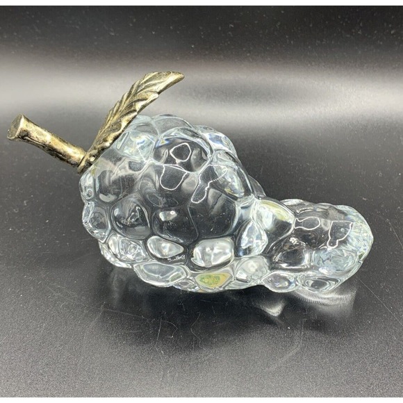 Vtg Hand Made Crystal Grape Cluster Paper Weight Applied Brass Leaf & Stem 5” - Picture 3 of 6